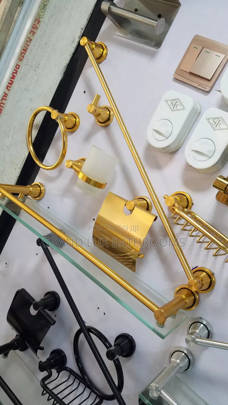 Title:
Luxury Gold-Plated Bathroom Accessory Set With Glass Shelf