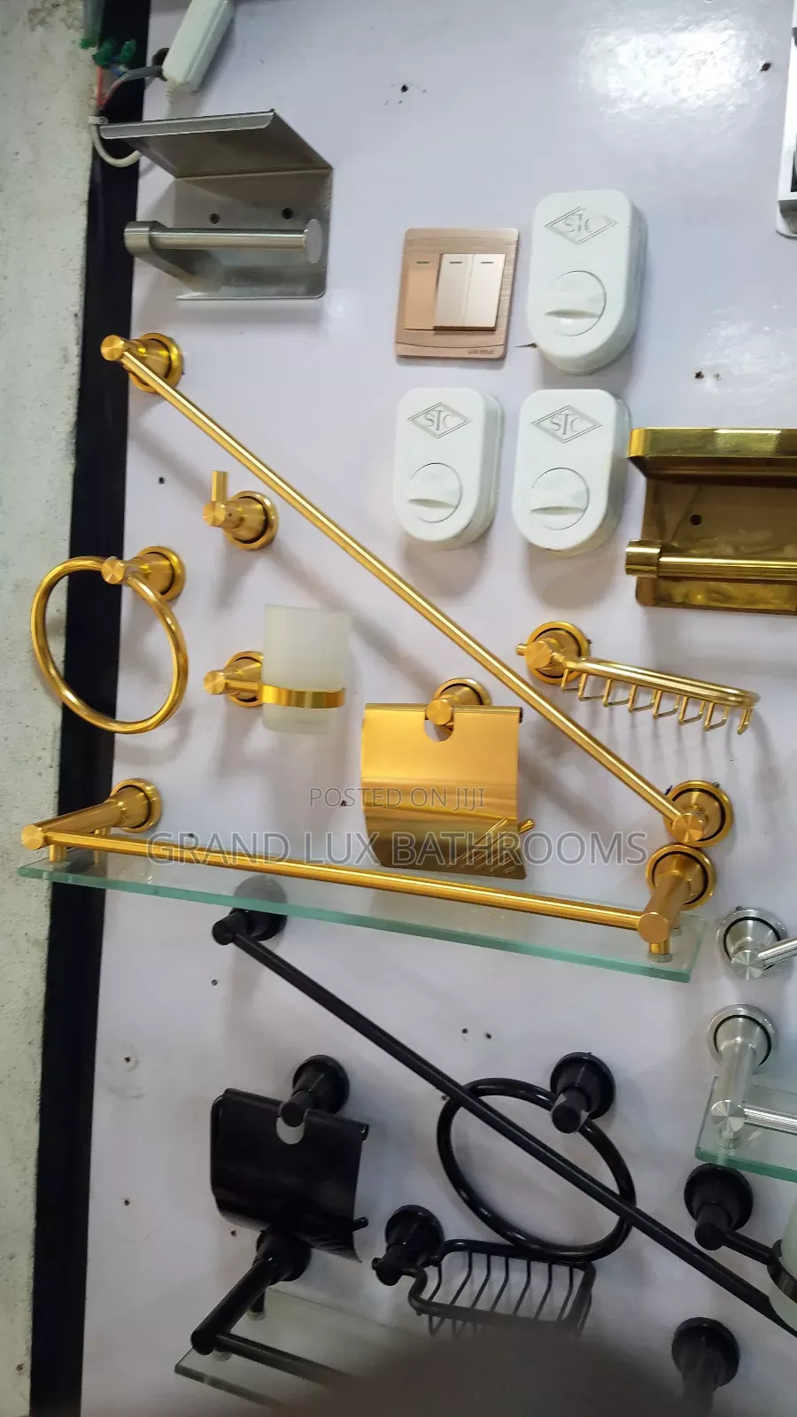Title:
Luxury Gold-Plated Bathroom Accessory Set With Glass Shelf