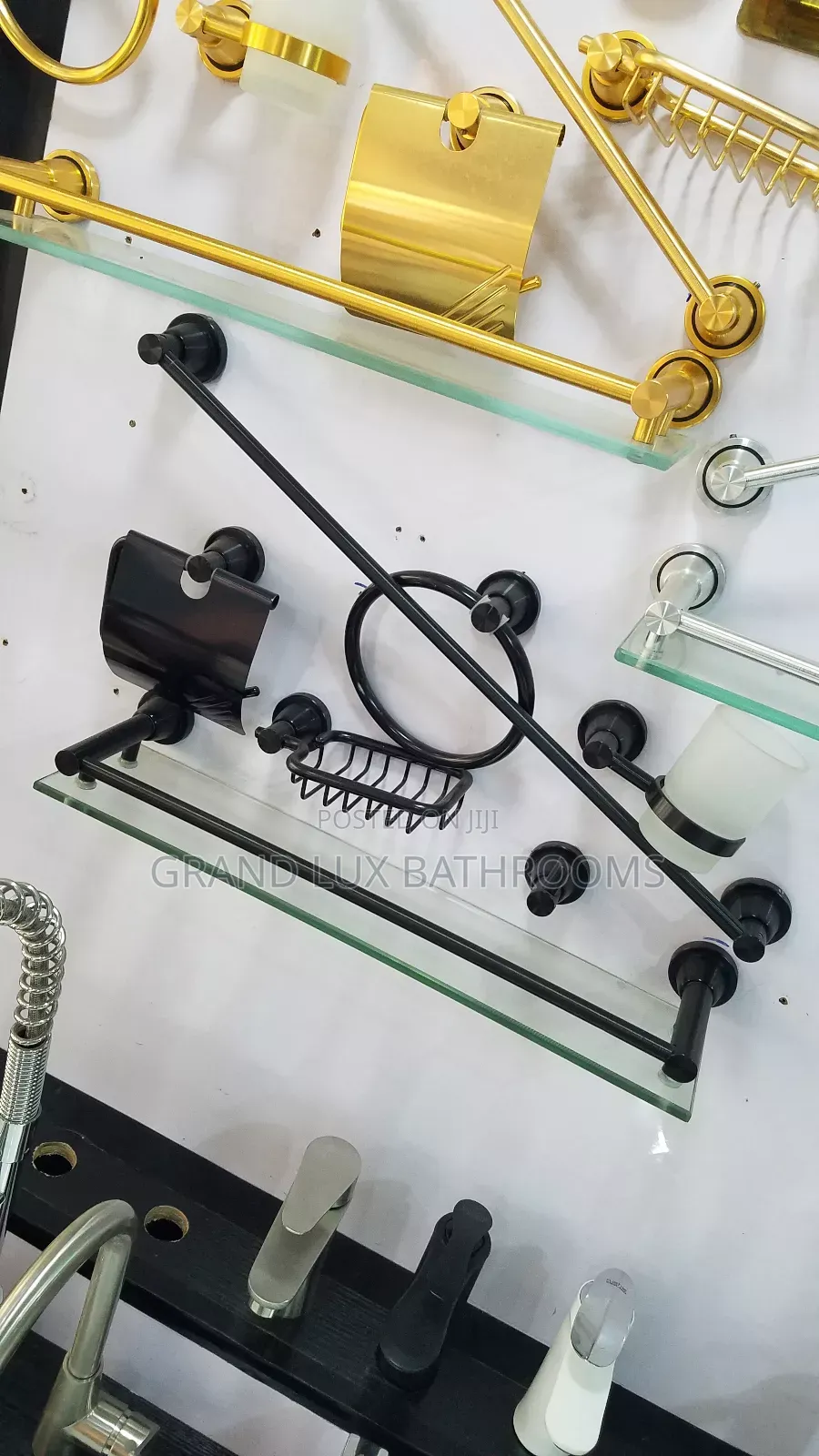 Title:
Matte Black Bathroom Accessory Set With Glass Shelf