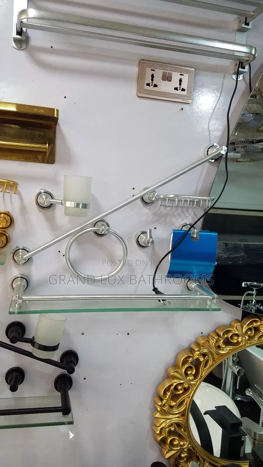 Title:
Silver Stainless Steel Bathroom Accessory Set With Glass Shelf