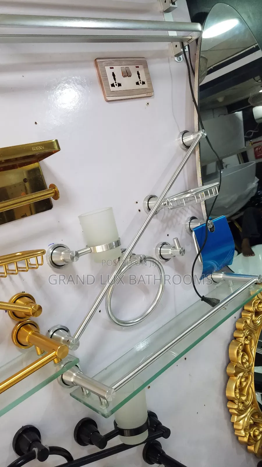 Title:
Silver Stainless Steel Bathroom Accessory Set With Glass Shelf