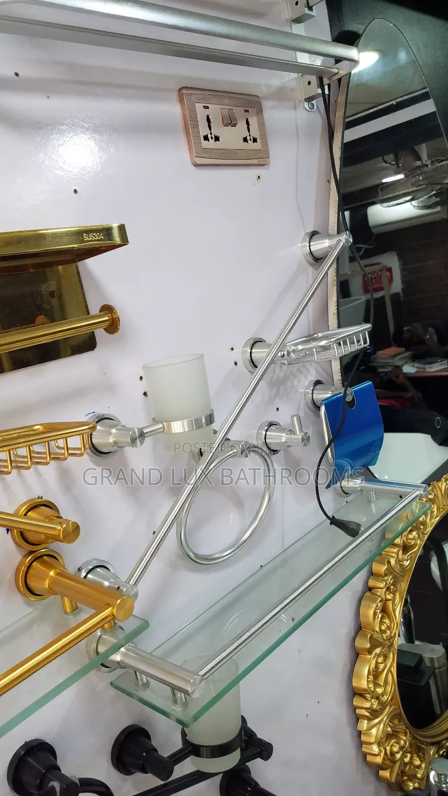 Title:
Silver Stainless Steel Bathroom Accessory Set With Glass Shelf