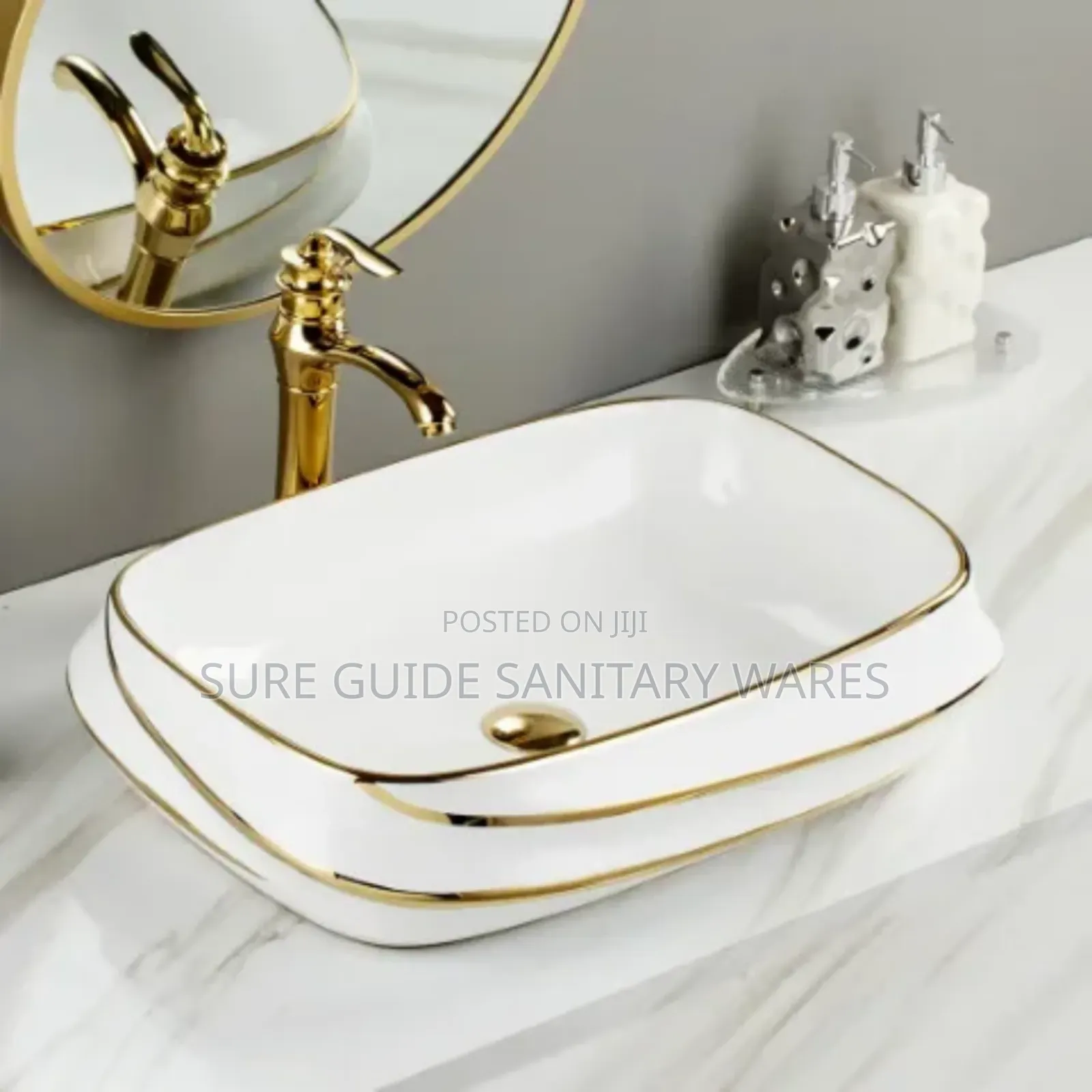 White With Gold Lines Ceramic Counter Top Basin