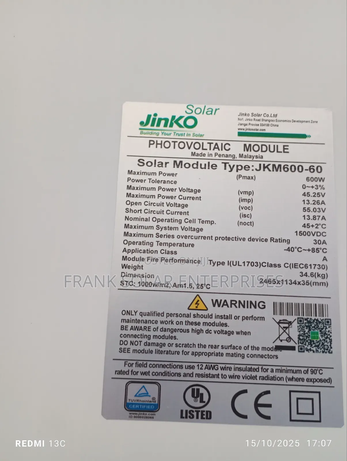 Jinko Panel 600watts Mono