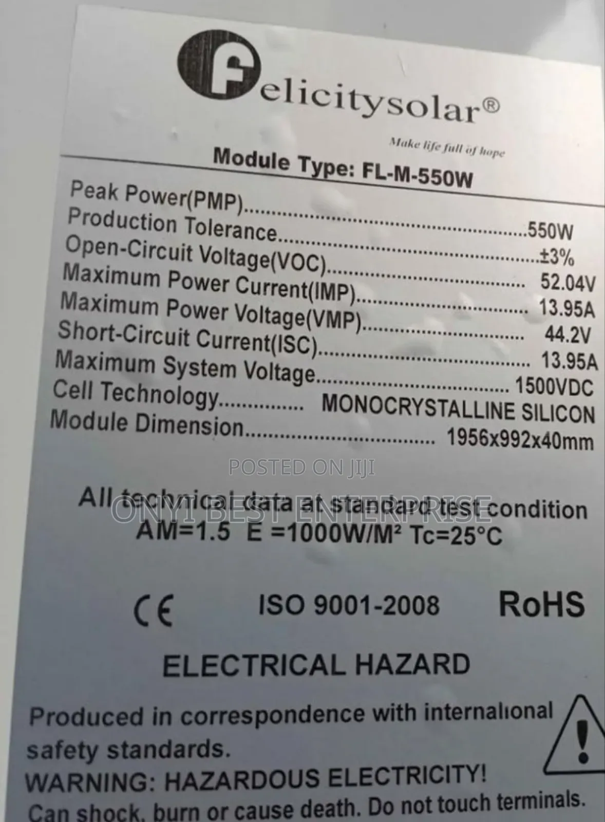 Felicity Mono Crystalline Solar Panel 550watts Grade A