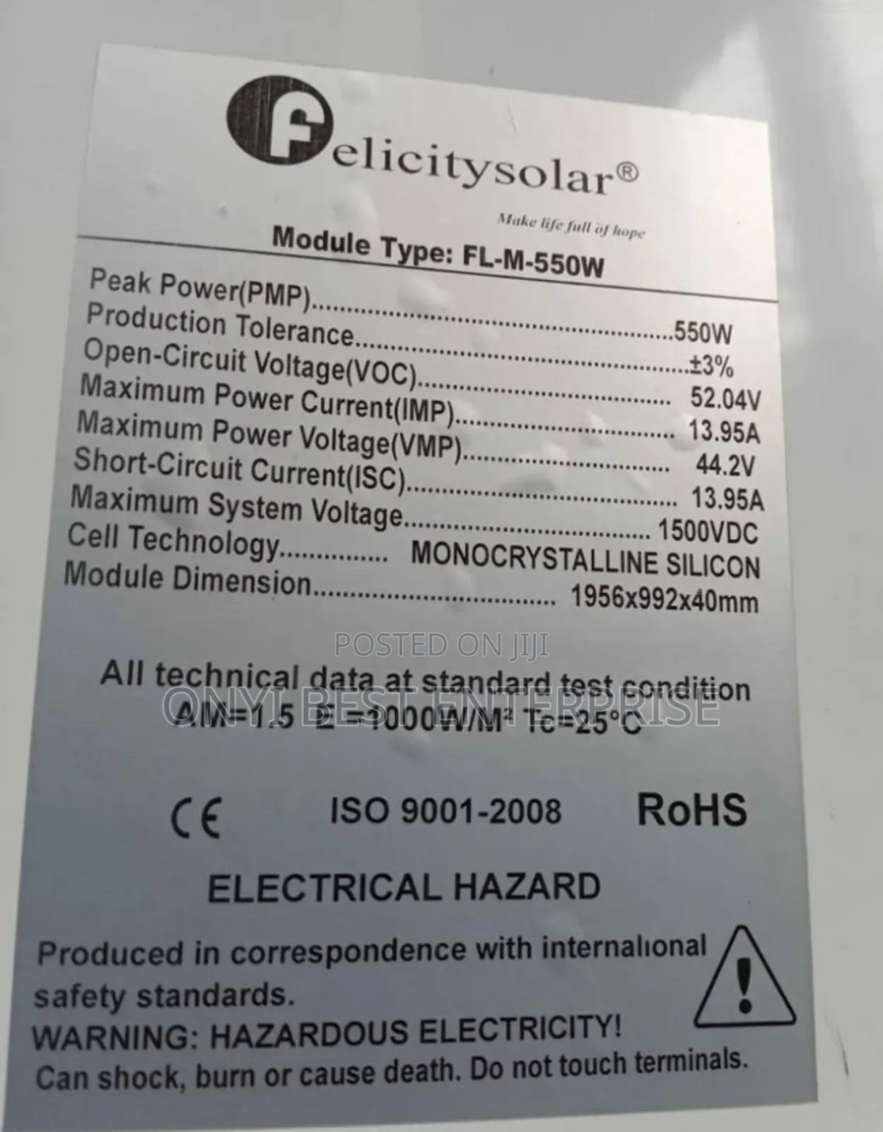 Felicity Solar Panel 550watts Available Now