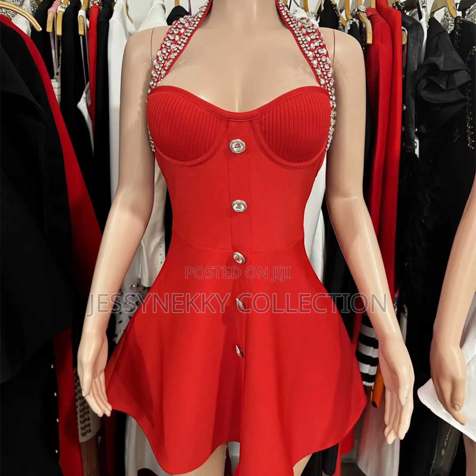 New Quality Luxurious Ladies Rhinestone Embellished Halter Mini Dress