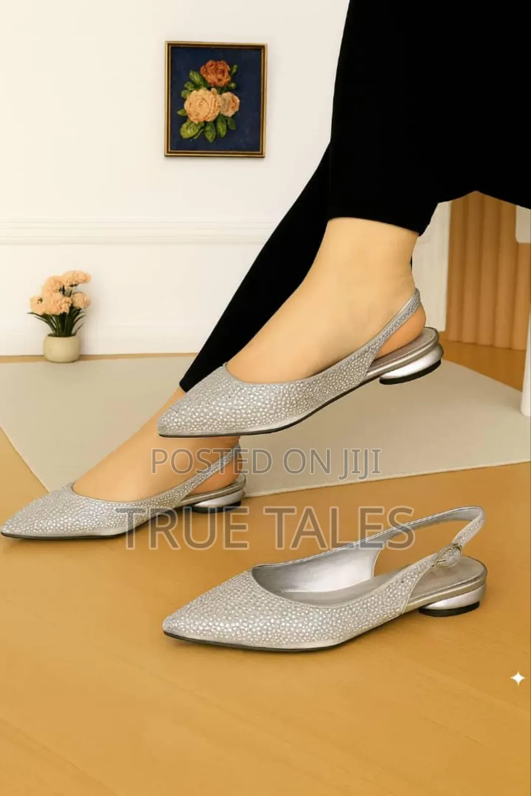 Classy Rhinestone Slingback Pointed Toe Low Flat Sandals. Sizes 37-42