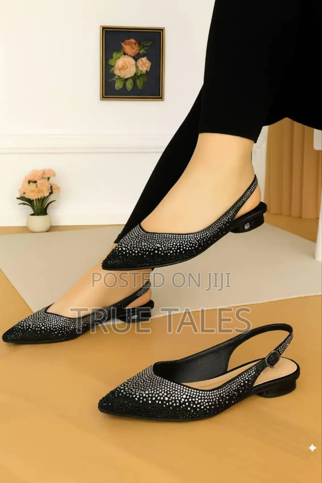 Classy Rhinestone Slingback Pointed Toe Low Flat Sandals. Sizes 37-42