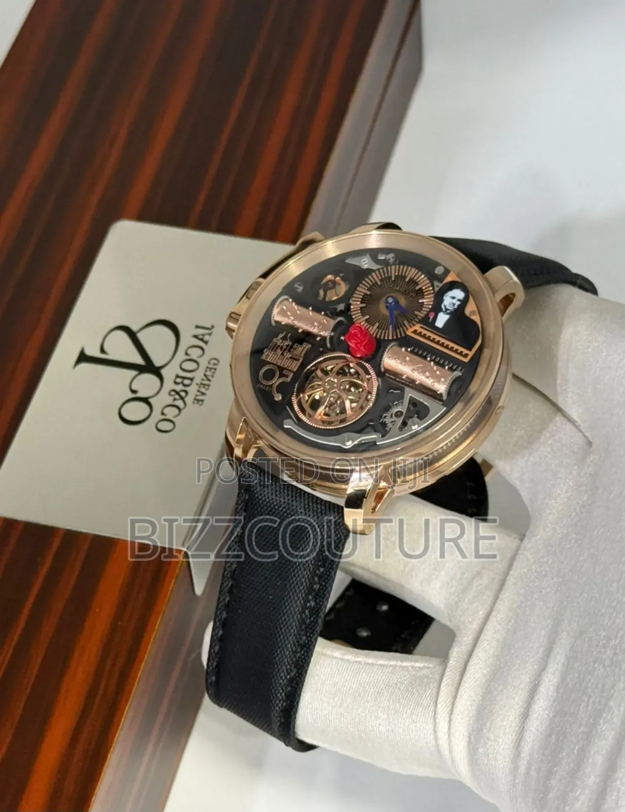 Original Jacobs Co Black Genuine Leather Strap Mechanical Watch