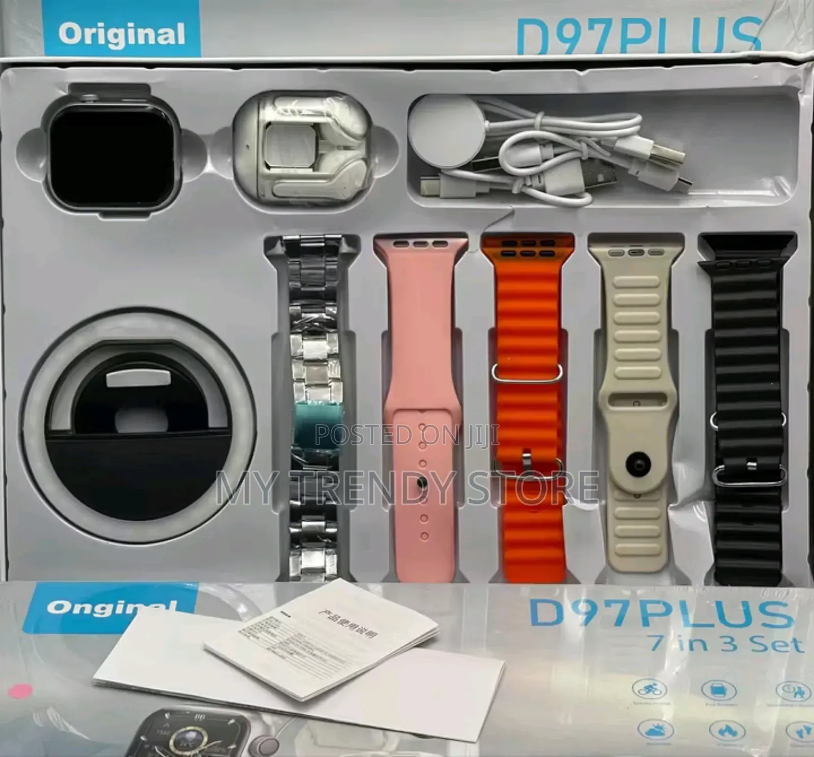 D97 Plus Smart Watch, Ringlight, Watch Straps, Charger, and Earpods