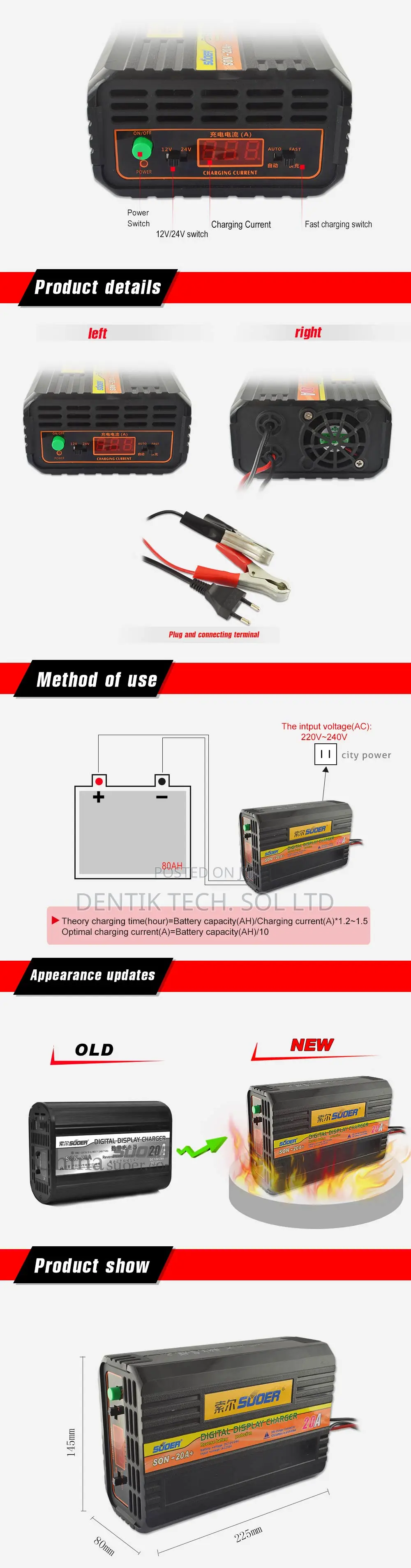 12v - 24v Souer Automatic Inverter / Car Battery Charger 20a