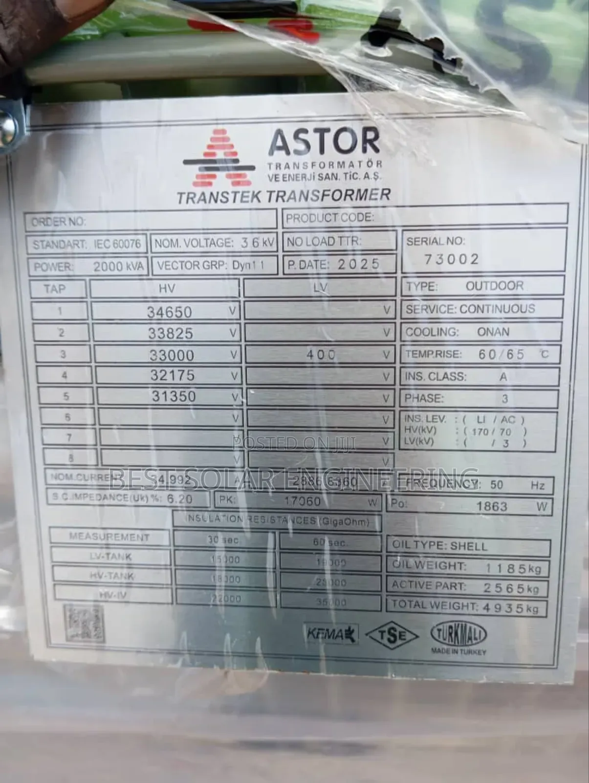 2mva 33/0.400kv or 2000kva 33/0.400kv Astor Transformer  Copper Coin