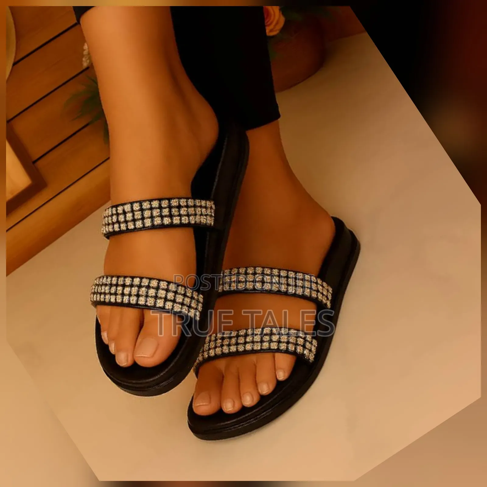 Black Rhinestone Embellished Flat Slippers #Em. Sizes 37 To 42