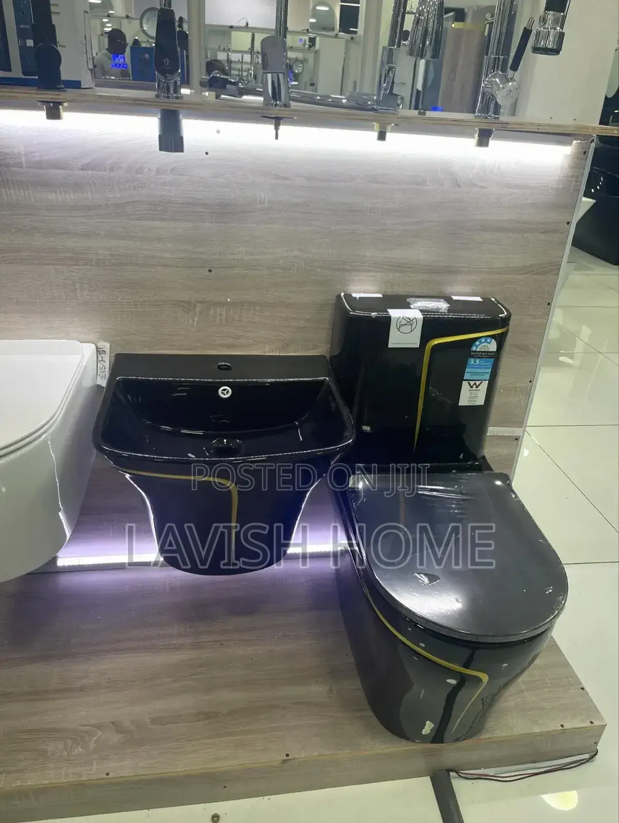 Masters Black and Gold Toilet and Hanging Basin Set Round