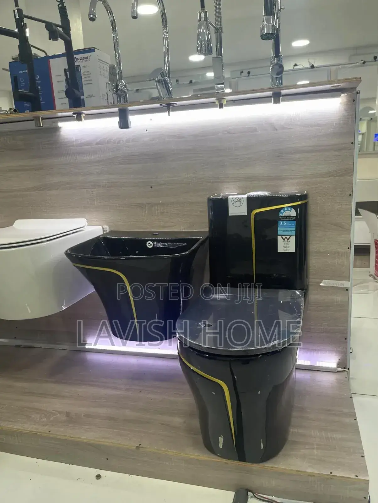 Masters Black and Gold Toilet and Hanging Basin Set Round