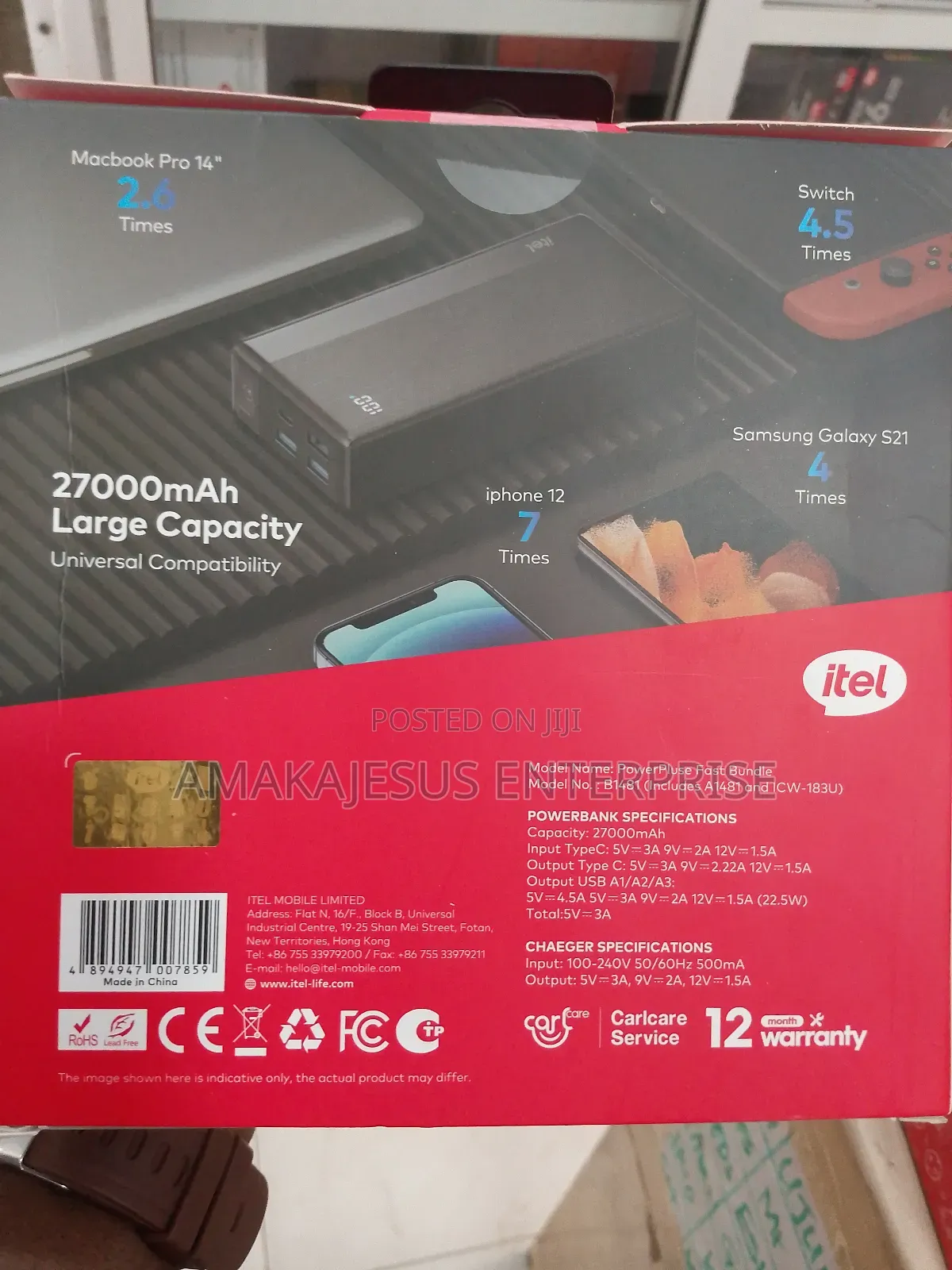 Itel 27000mah Original Fast Power Bank+ Free Charger