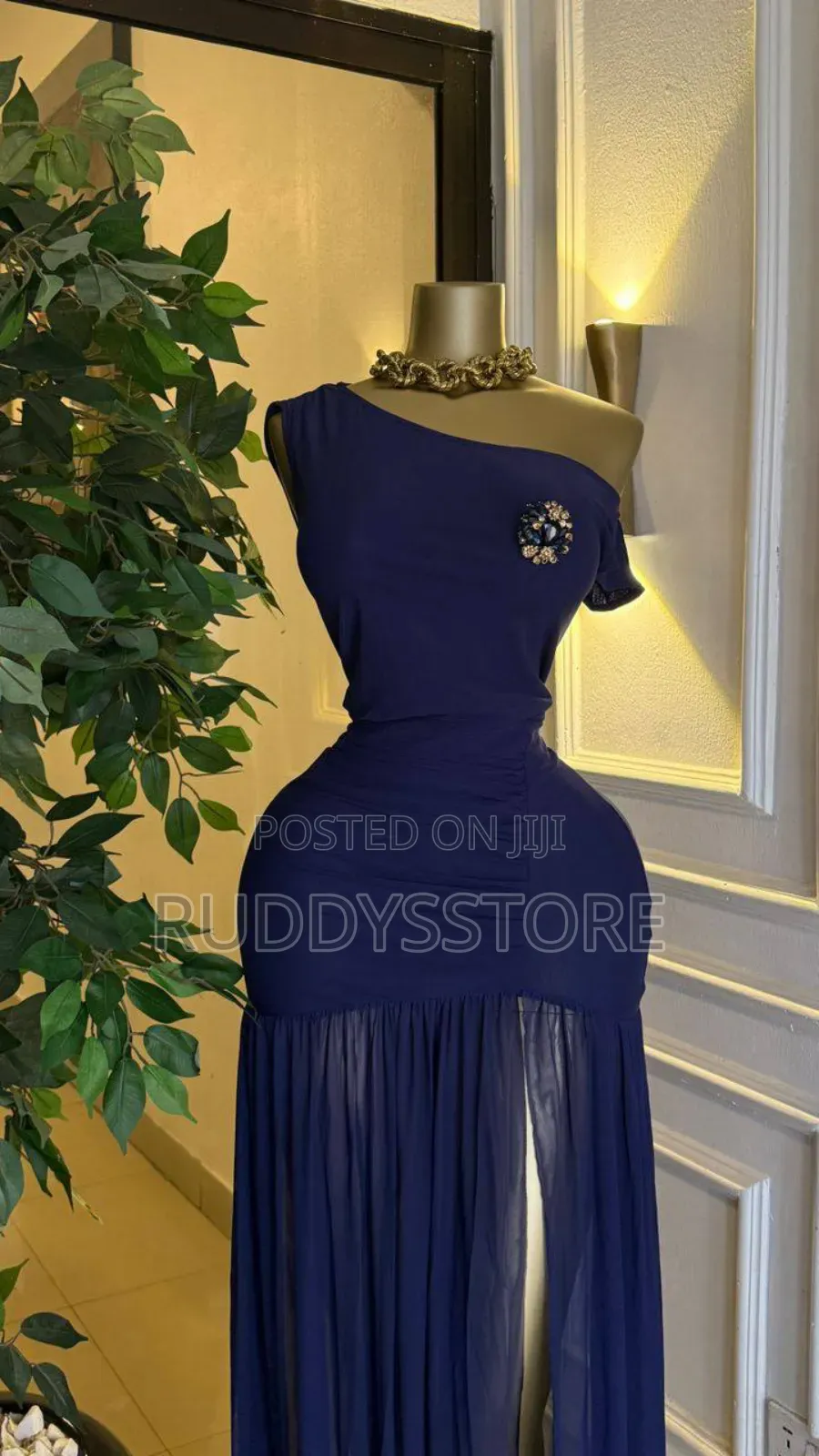 Elegant Blue Side Slit Chiffon Maxi Dress – Flowy Evening Gown