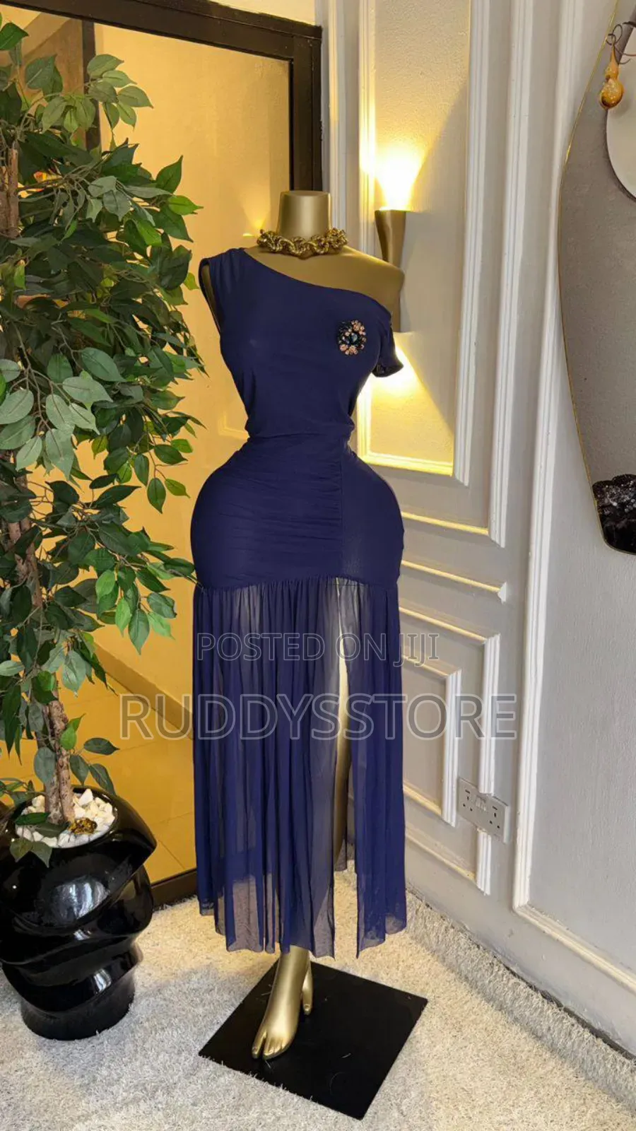 Elegant Blue Side Slit Chiffon Maxi Dress – Flowy Evening Gown