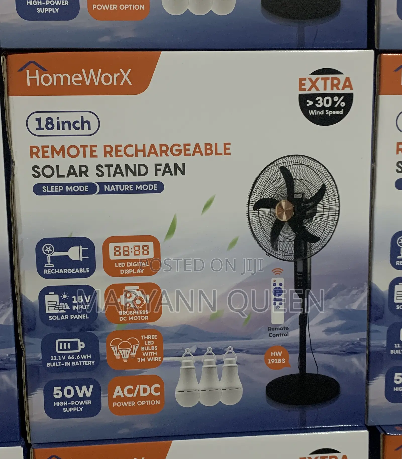 Homeworx 18inchs Solar Rechargeable Standing Fan With Sola Panel