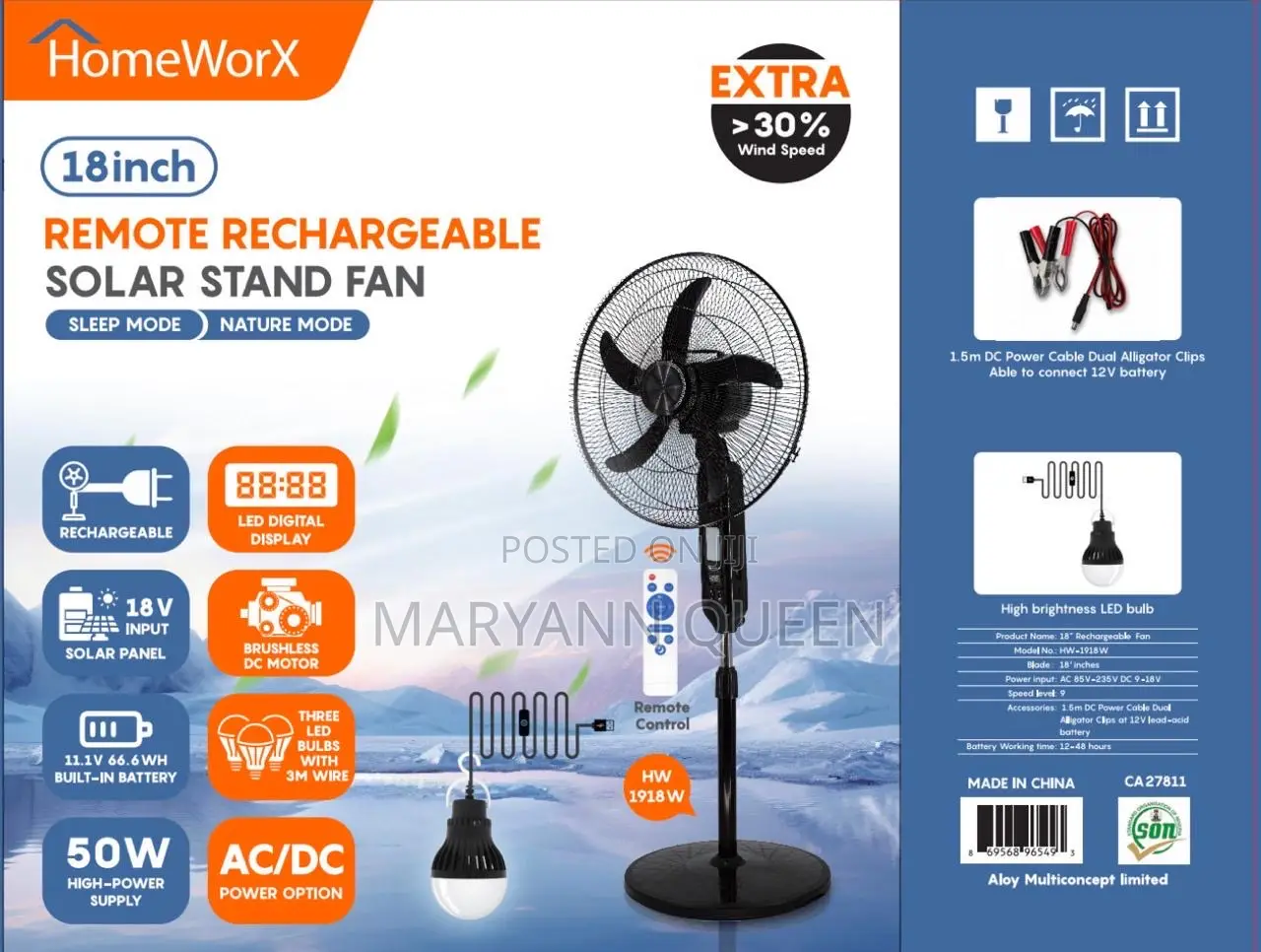 Homeworx 18inchs Solar Rechargeable Standing Fan With Sola Panel