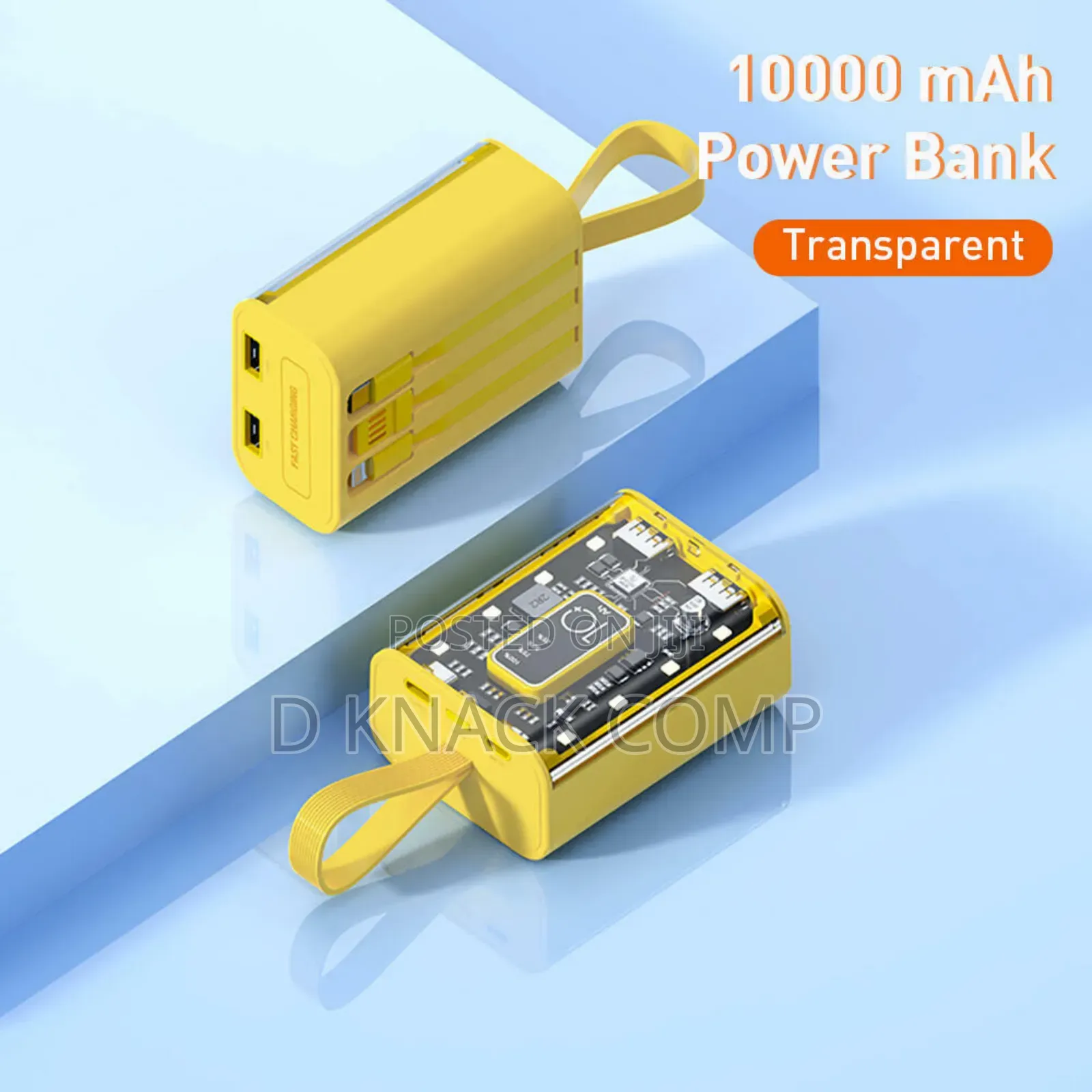 10000mah Dual Usb-a Ports Transparent Power Bank Built-in 3 Cables