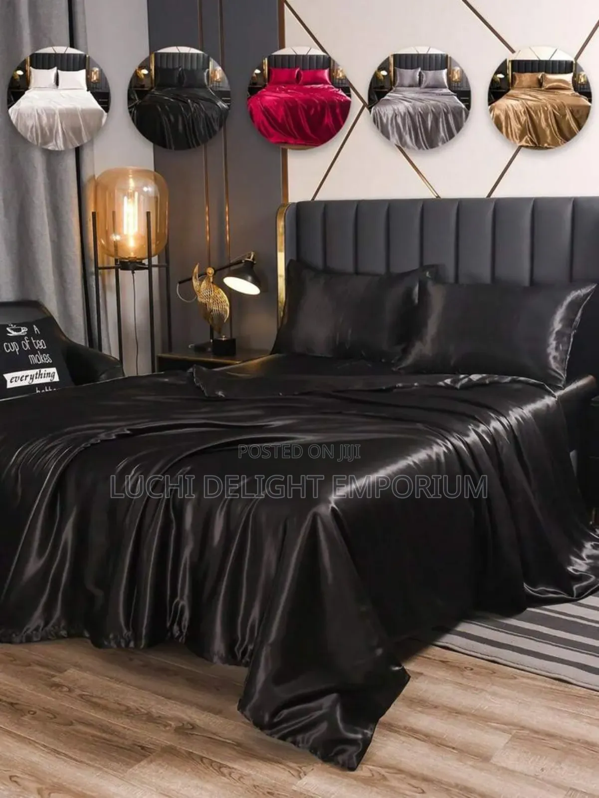 Rooee Polish Silk Duvet Bedsheet and Pillowcase Set -Black