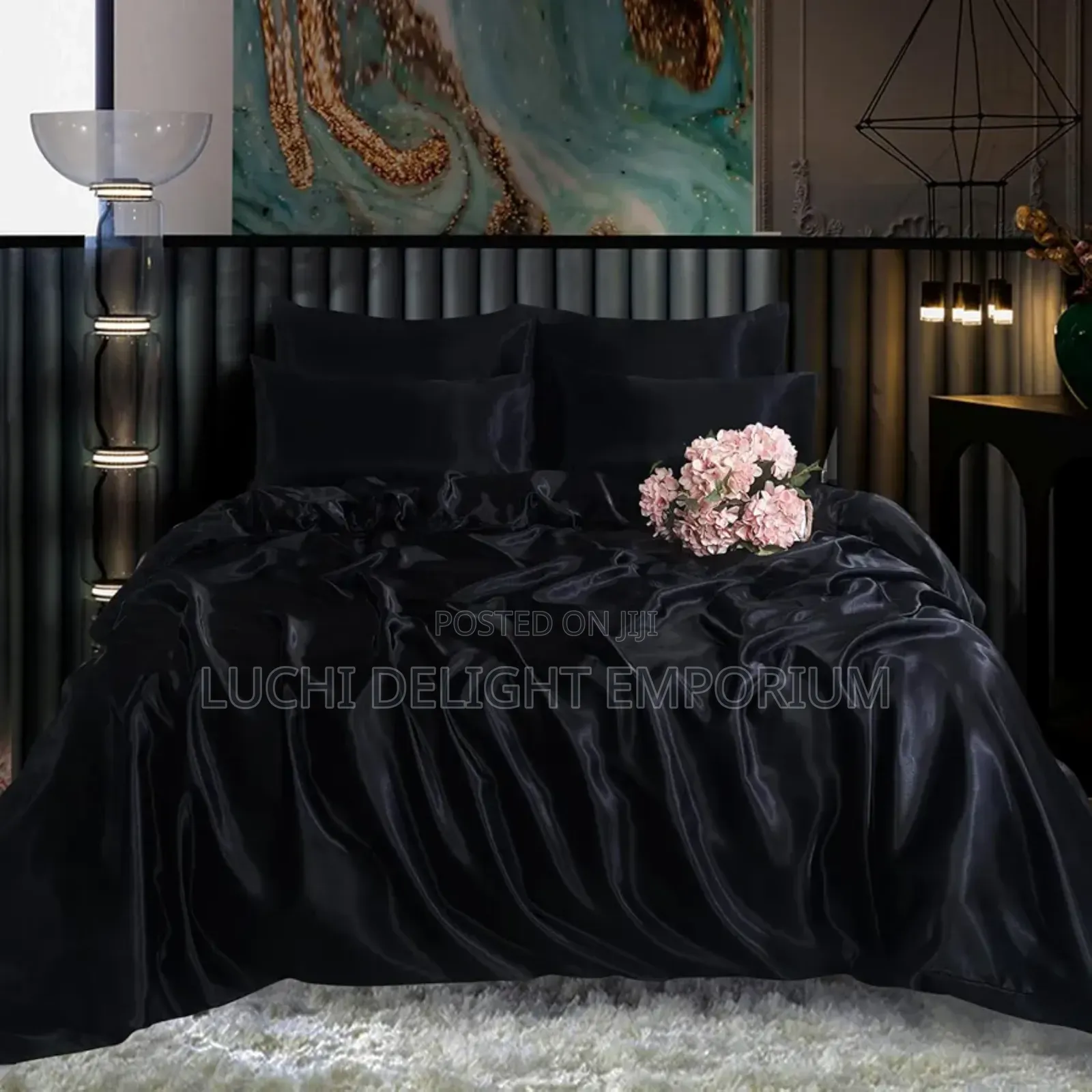 Rooee Polish Silk Duvet Bedsheet and Pillowcase Set -Black