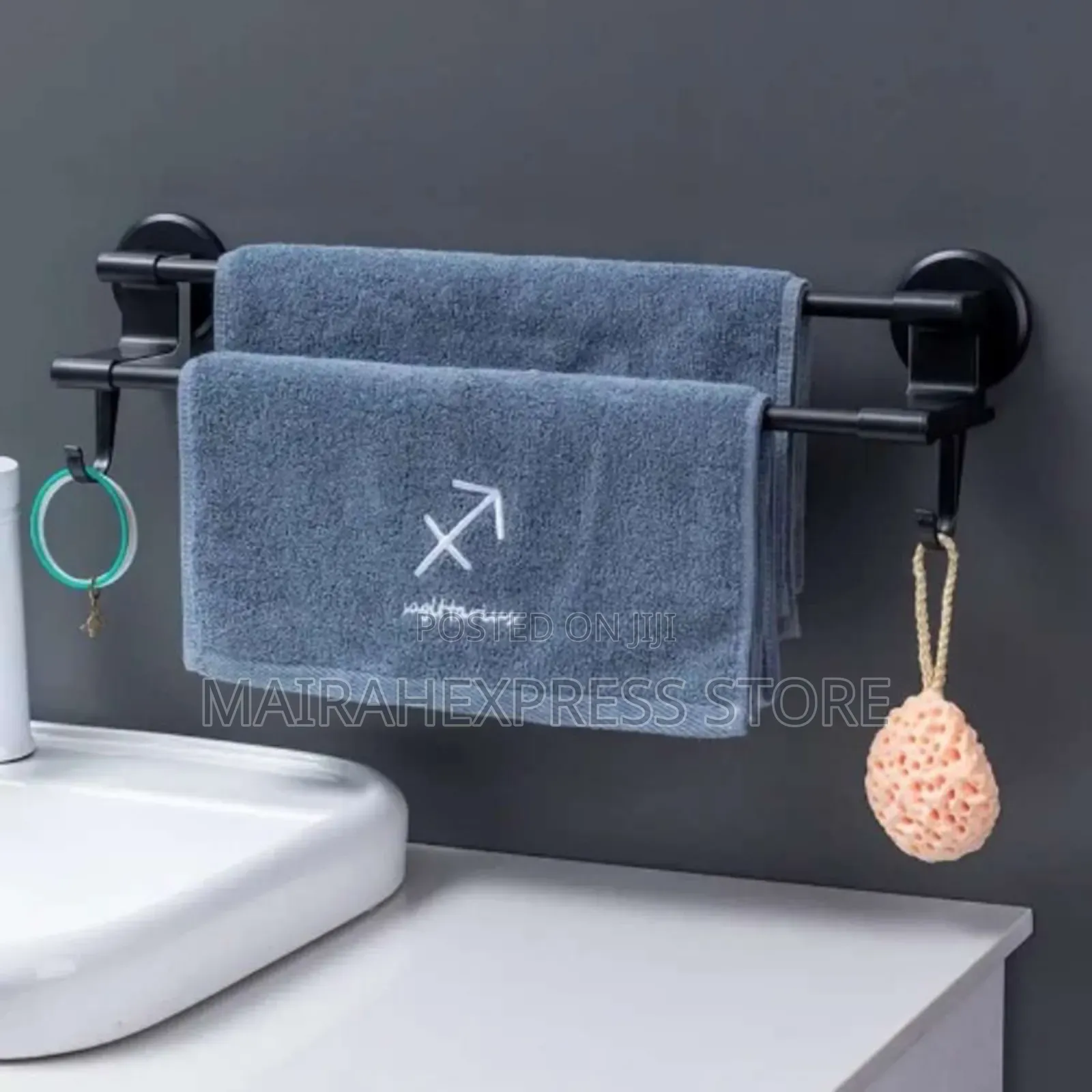 Bathroom Towel Hanger With Hooks - Black