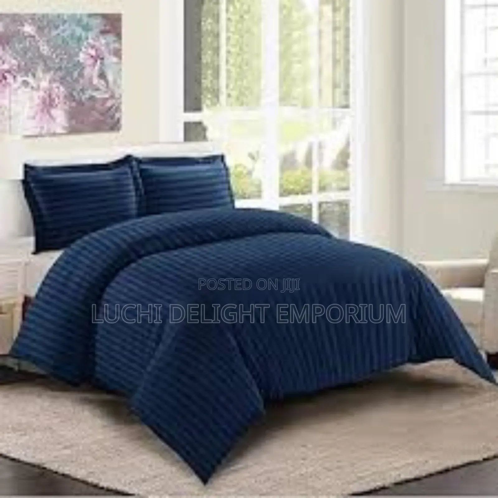 American Striped Navy Blue Duvet, Bedsheet,And Pillowcase Set.