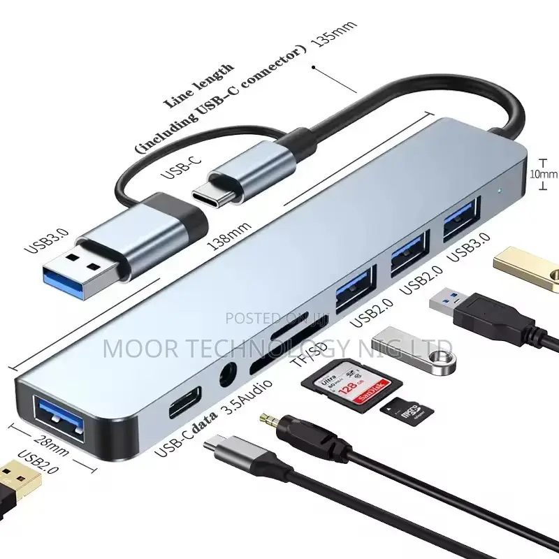 8 in 1 Usb a and Usb C Hub Adapter With Tf/Sd Card/Audio Jack