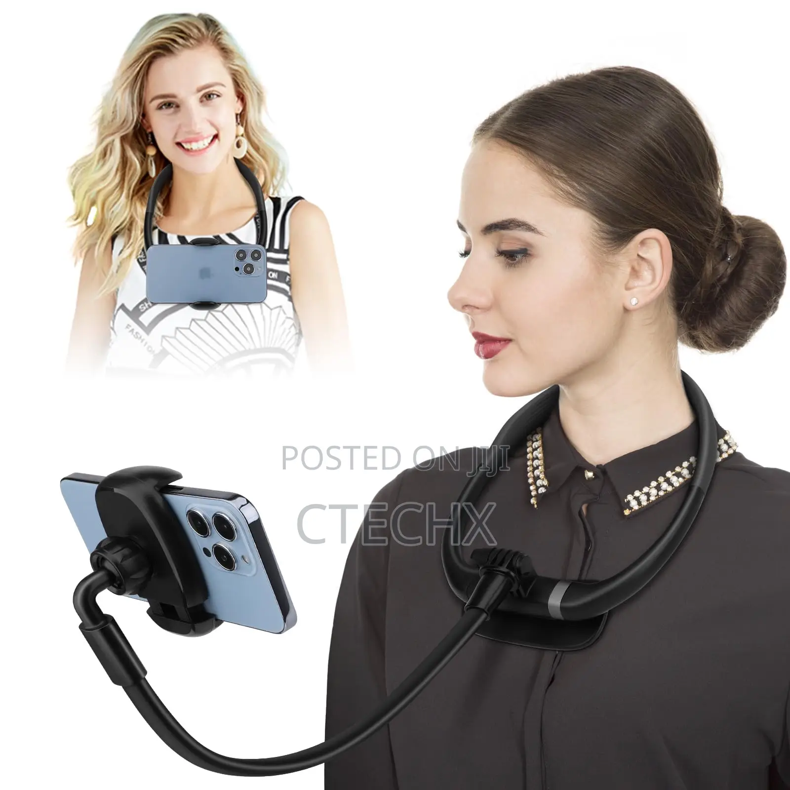 Neck Phone Holder Adjustable, Pov/Vlog With 11.42" Longer Arm Clamp