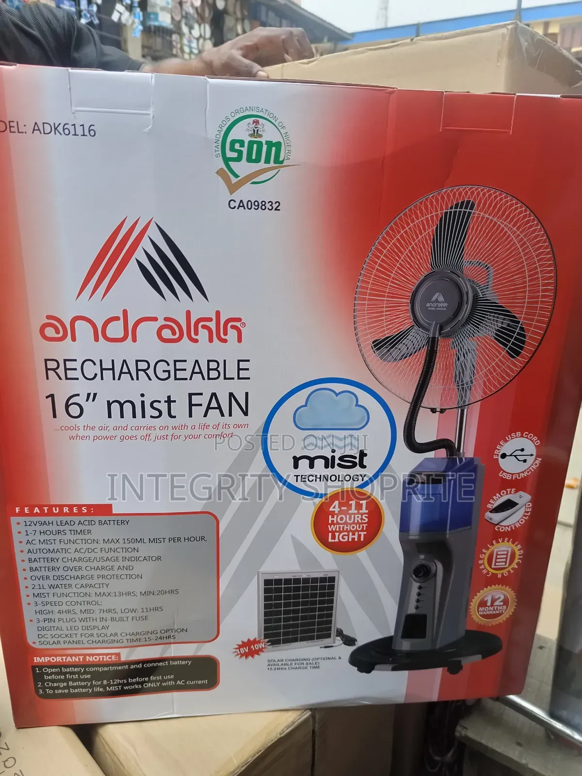 Andraak Rechargeable 16"Mist Fan