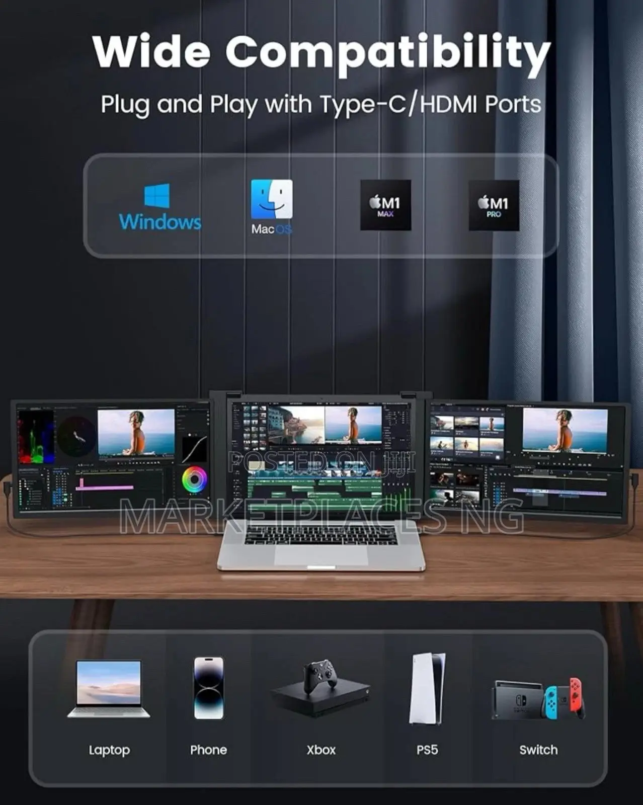 Fopo 15.6" Triple Monitor Laptop Screen Extender, FHD 1080p Ips