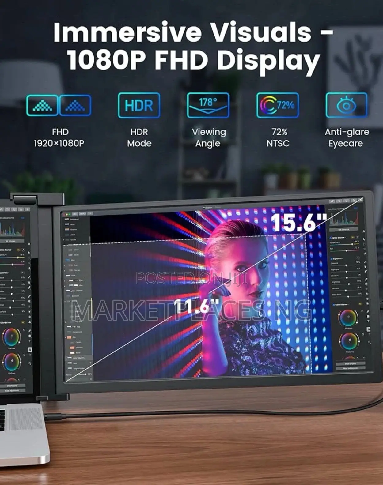 Fopo 15.6" Triple Monitor Laptop Screen Extender, FHD 1080p Ips