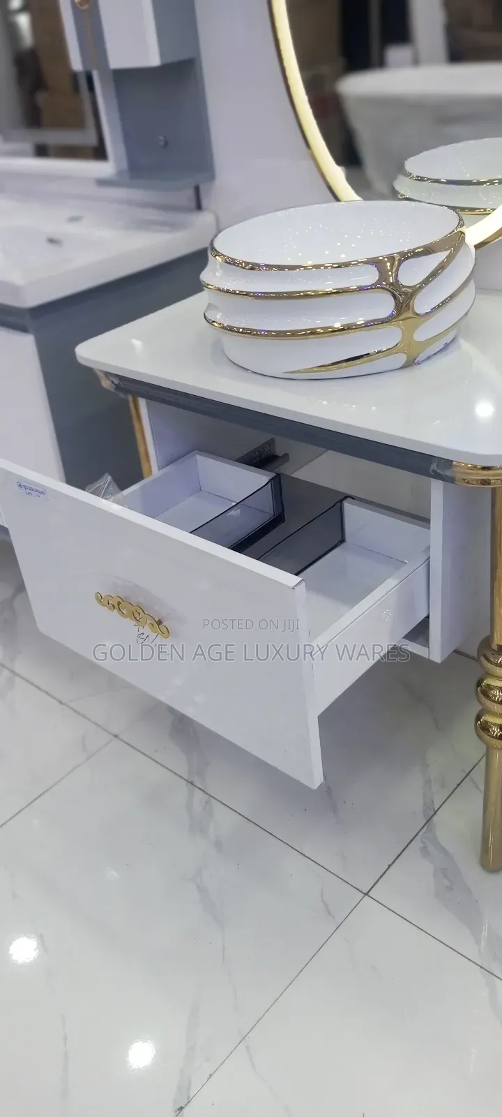 80cm White and Gold Cabinet Basin