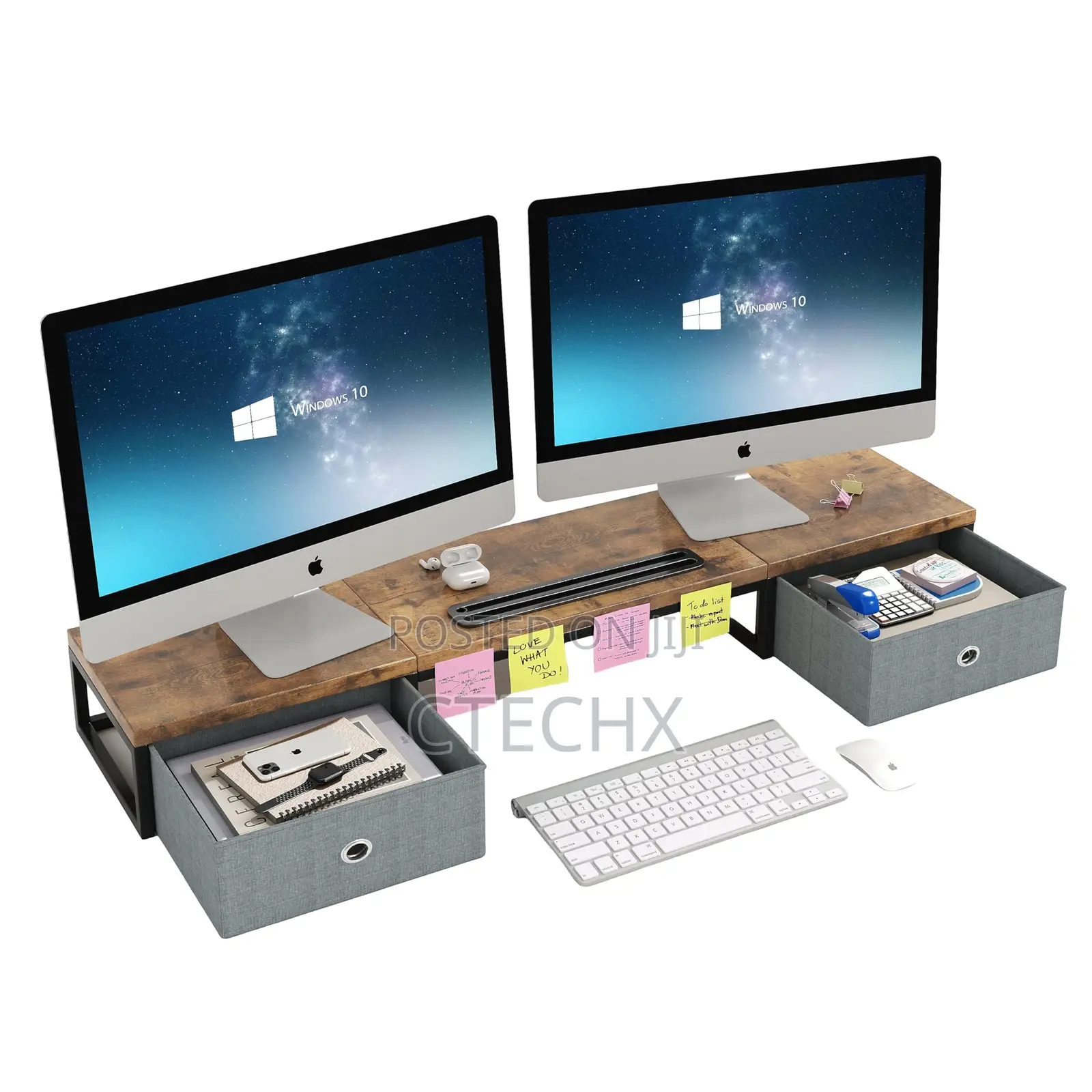 Wooden Monitor Stand With 2 Drawers, Riser With Smartphone Holder