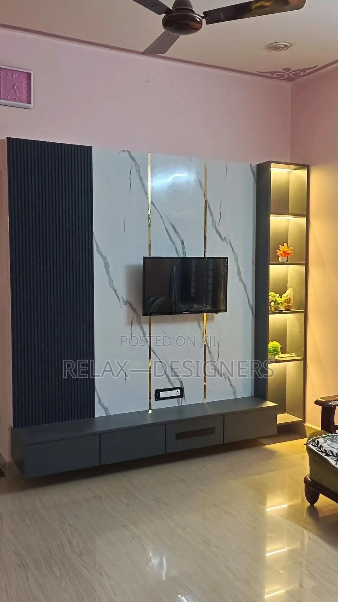 Black White Tv Console With Profile Light Shelf