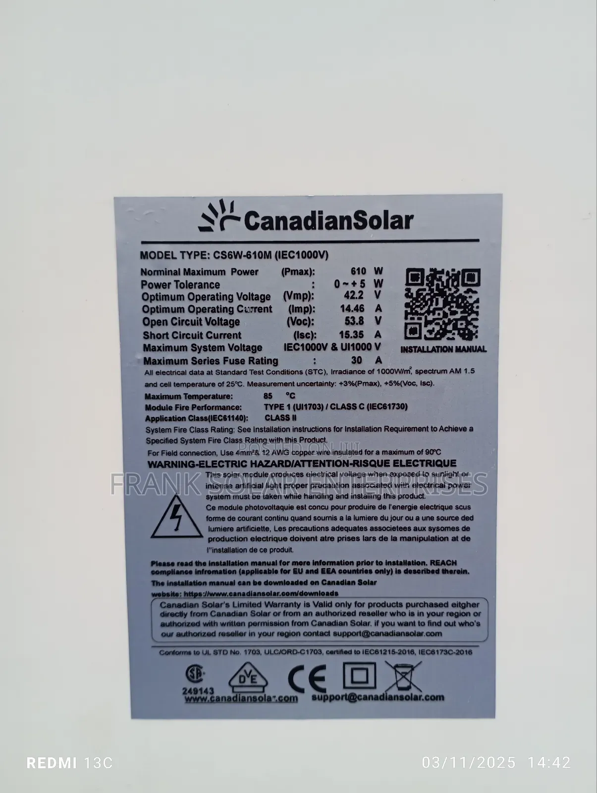 610watts Canadian Solar Panel