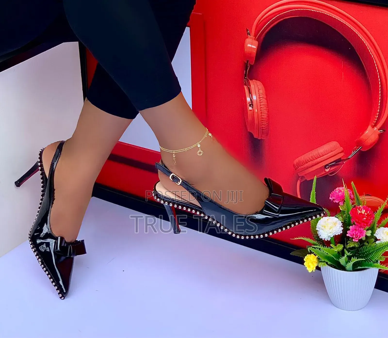 Glam Heelpointed-toe Slingback With Bow On Top And Silver Pearls.#Buk