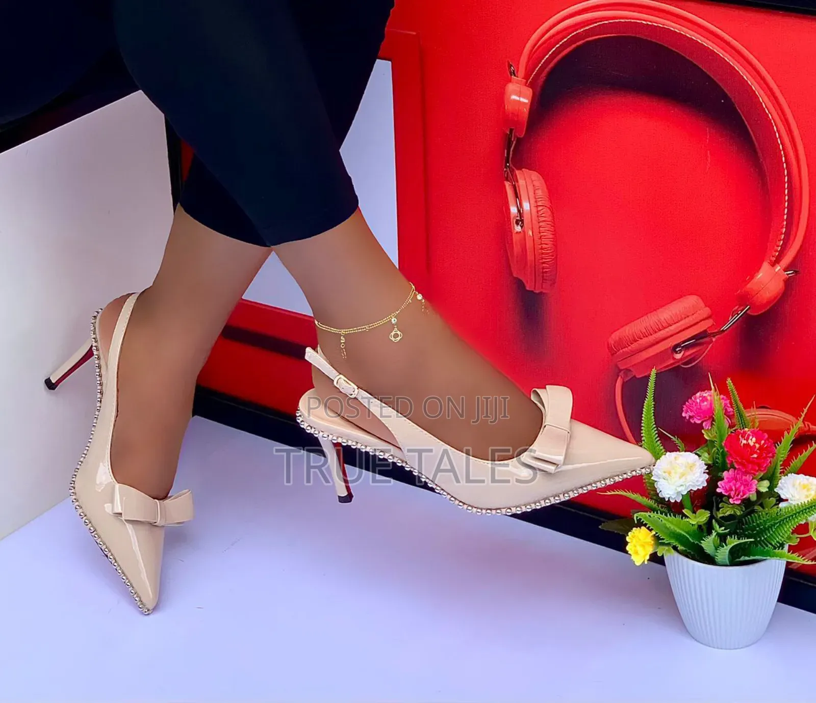 Glam Heelpointed-toe Slingback With Bow On Top And Silver Pearls.#Buk