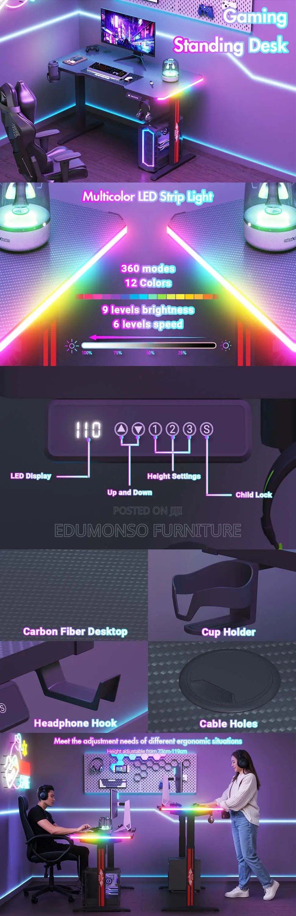 Electric Standing Gaming Desk RGB Led 140cm
