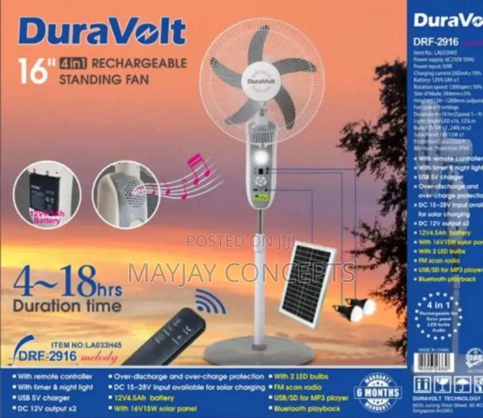 Duravolt 4-in-1 Solar Rechargeable Fan-Panel,Mp3,Bulbs,Bigger Battery