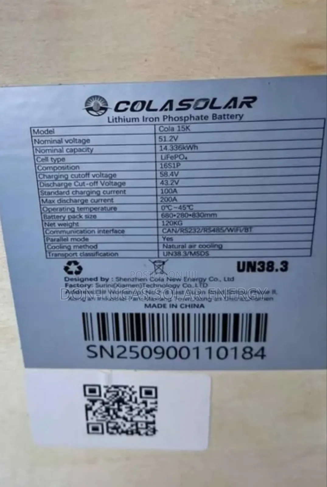 Cola Solar Lithium Ion Batteries 15kwh 51.2v