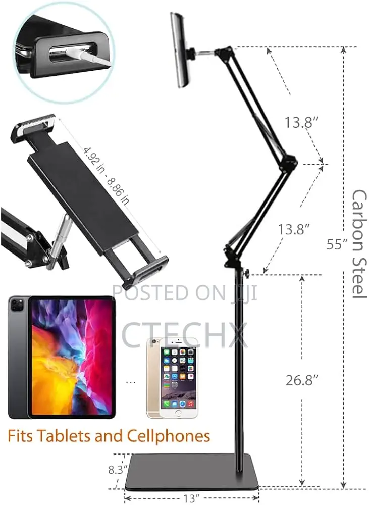 Phone or Tablet Floor Stand Holder. Adjustable + Foldable 4-12.9 Inch