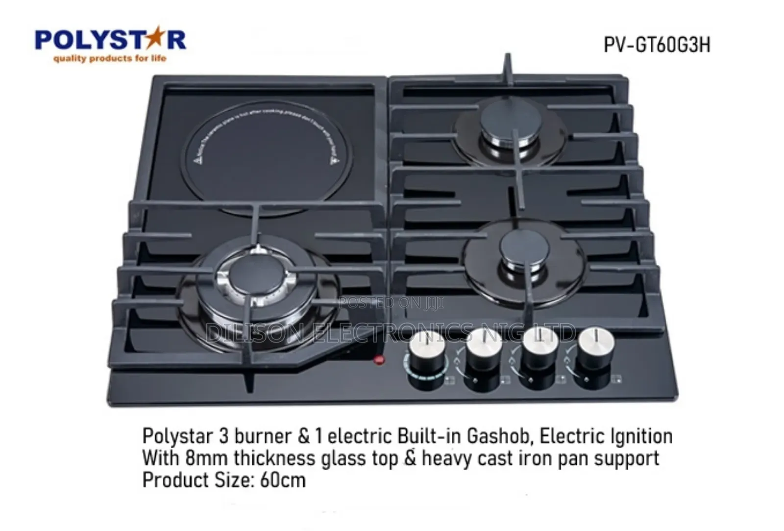 3 Burner and 1 Electric Polystar Built-in Gashob With 8mm Thickness