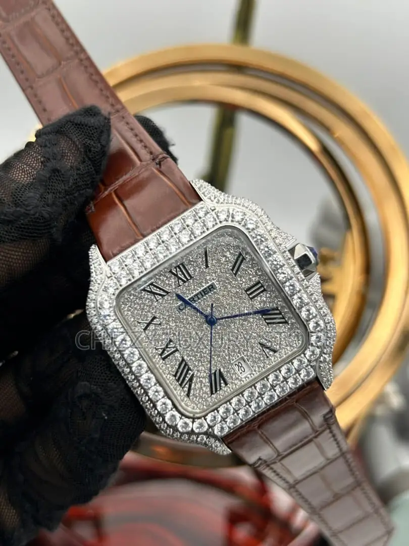 Cartier Quality Luxury Men Genuine Leather Iced Face Wristwatch