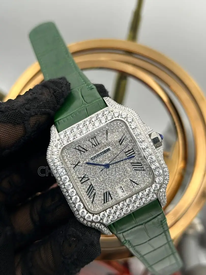 Cartier Quality Luxury Men Genuine Leather Iced Face Wristwatch