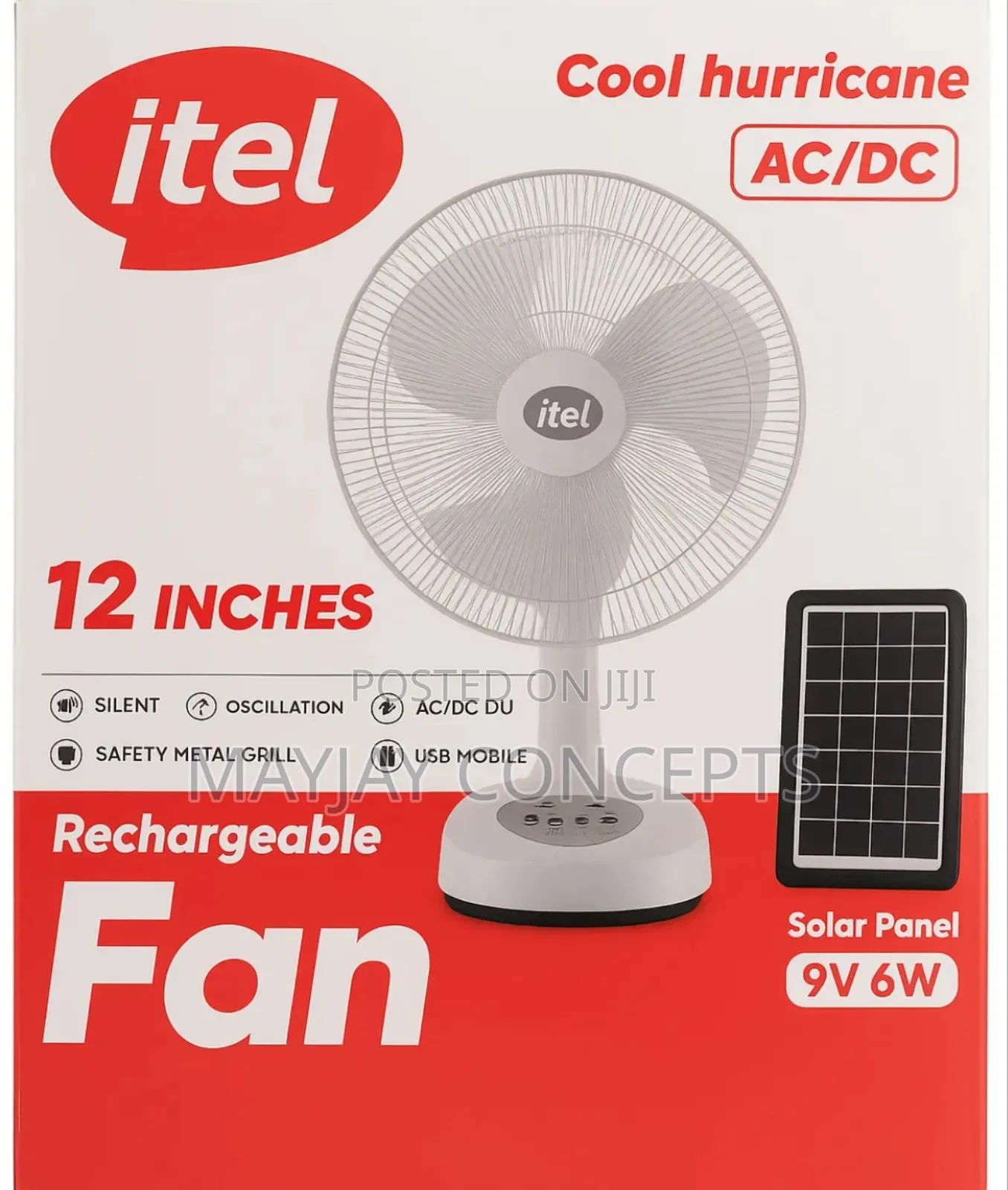 12-Inch Itel Ac/Dc Table Solar Rechargeable Fan-Solar Panel,Bulbs,Usb