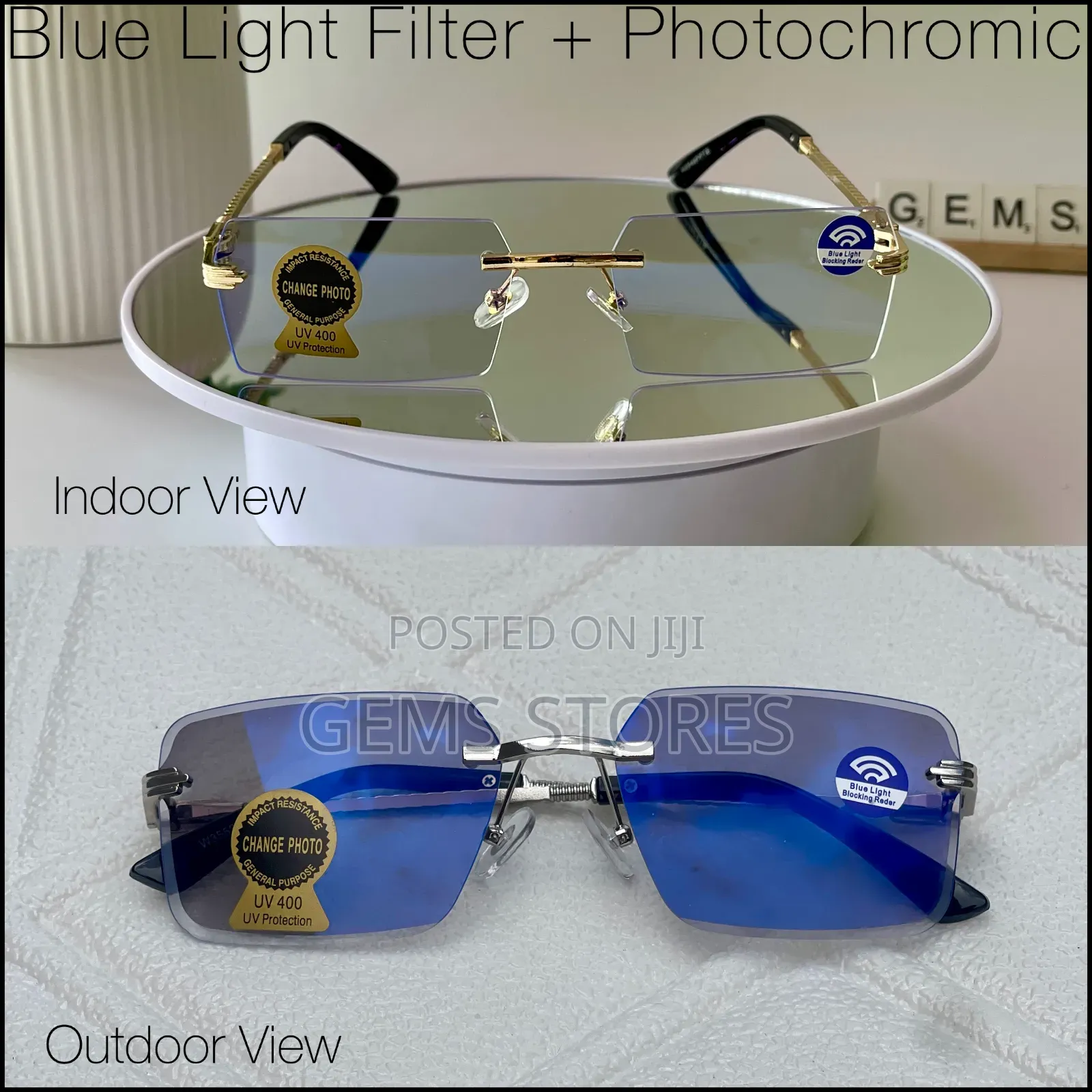 Stylish Rimless Photochromic Blue Light Filter Glasses
